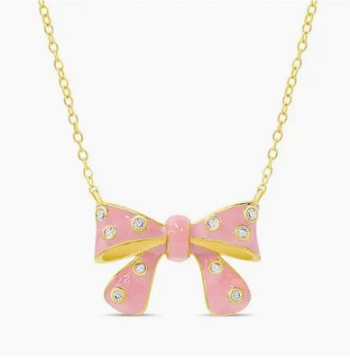Pink Bow Necklace with Cz