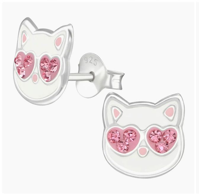 Cat With Pink Crystals Stud Earrings in Sterling Silver