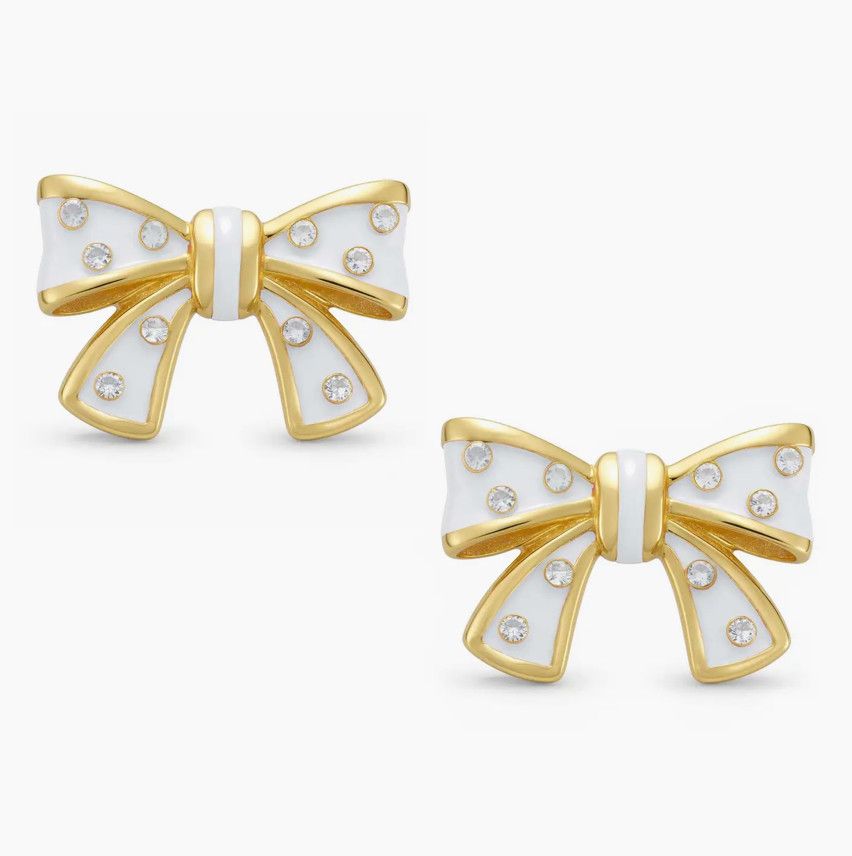 White Bow Stud Earrings with Crystals