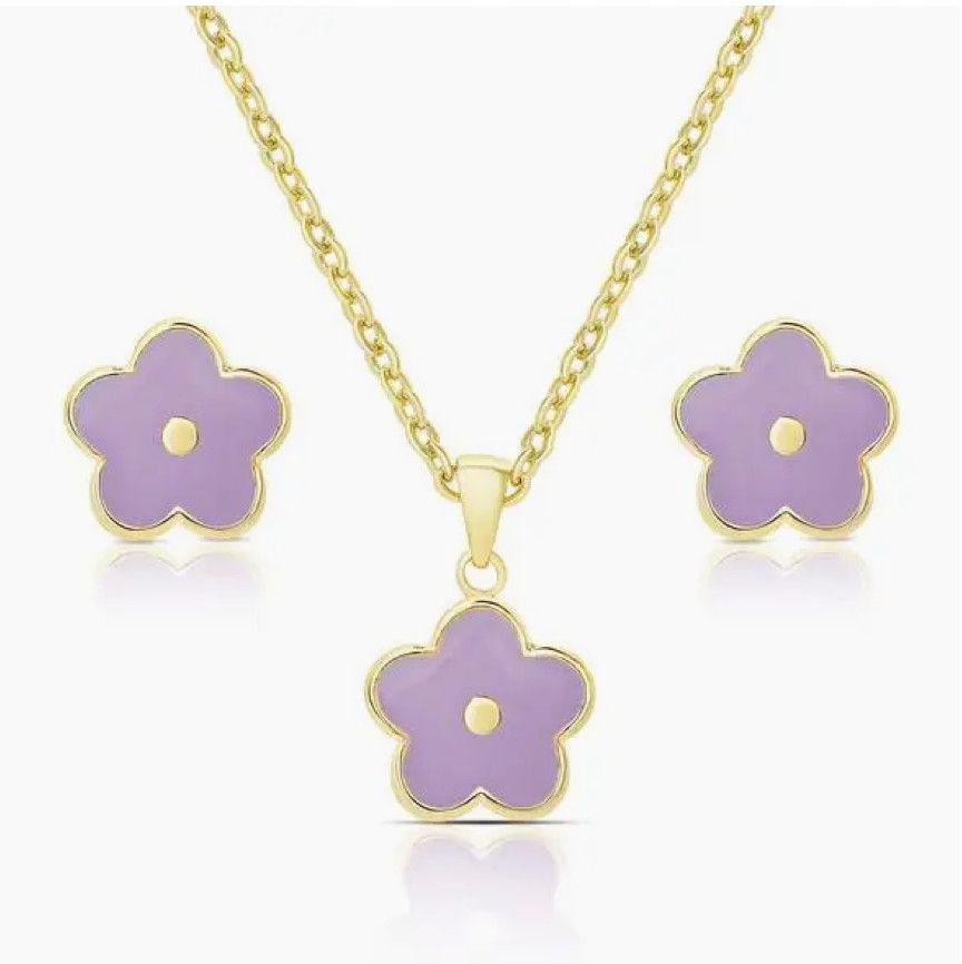 Purple Flower Stud Earrings and Necklace Set