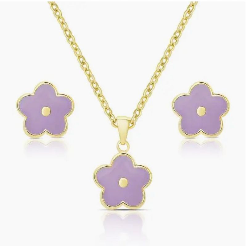 Purple Flower Stud Earrings and Necklace Set