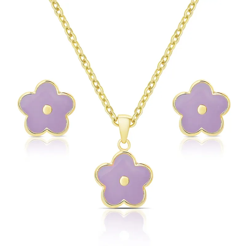 Purple Flower Stud Earrings and Necklace Set