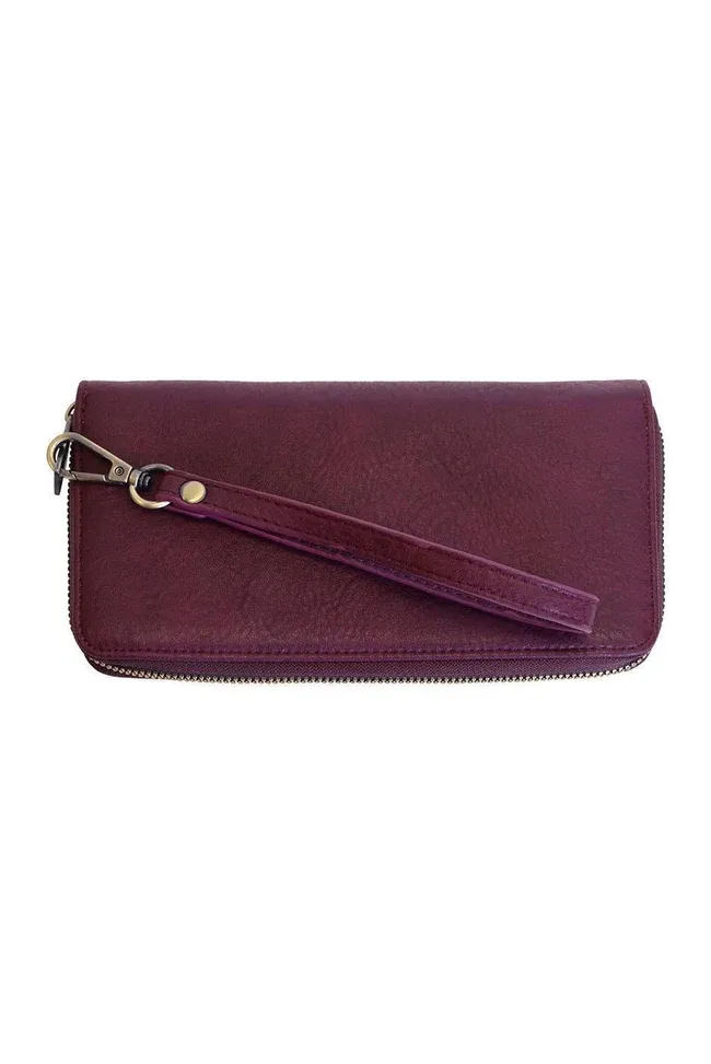 Wine Rue Zip Around Wallet with Wristlet Strap