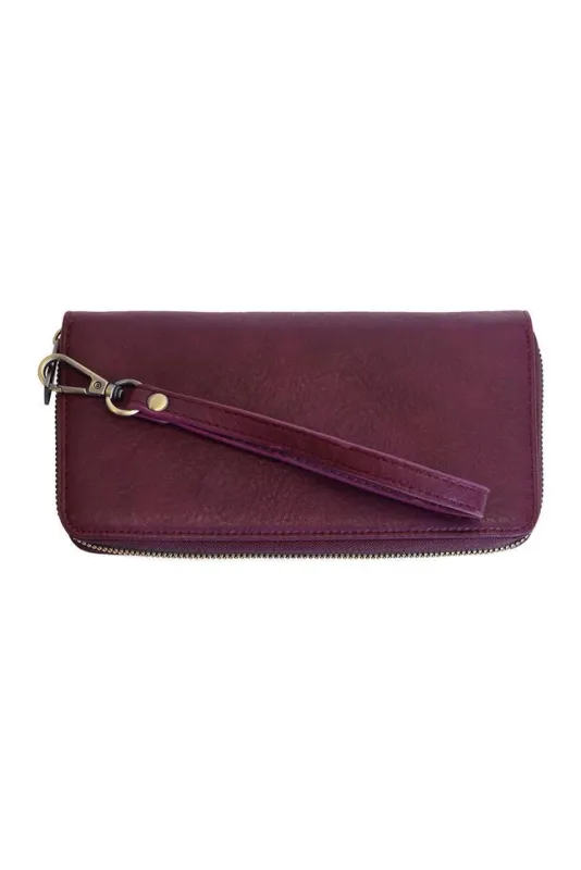 Wine Rue Zip Around Wallet with Wristlet Strap