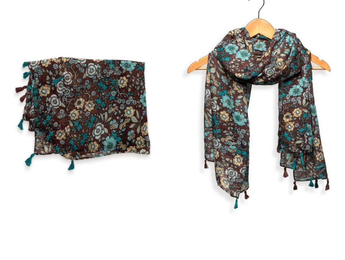 Teal Florets Tassel Scarf