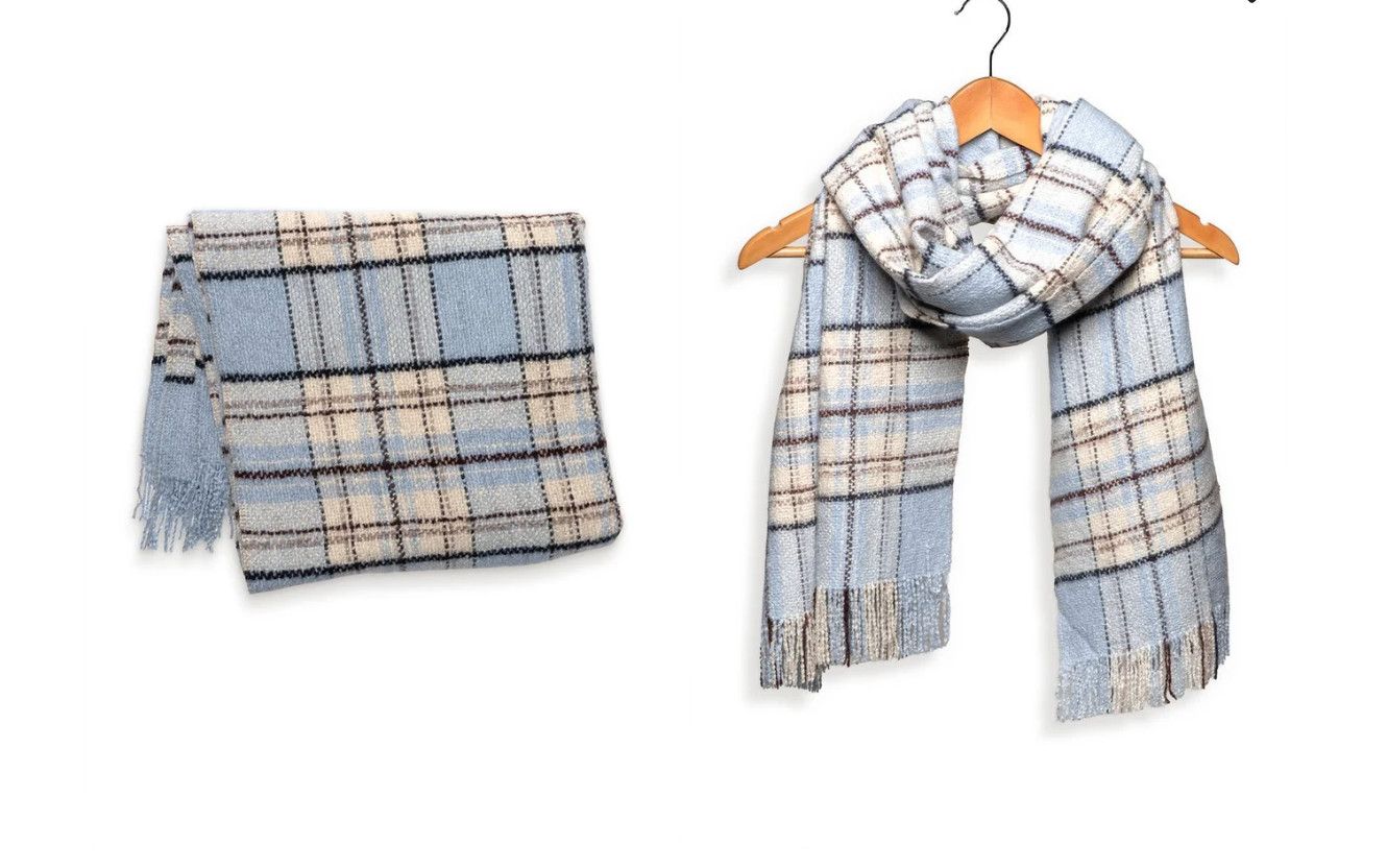Ice Blue Fawn Snuggly Plaid Fringe Scarf