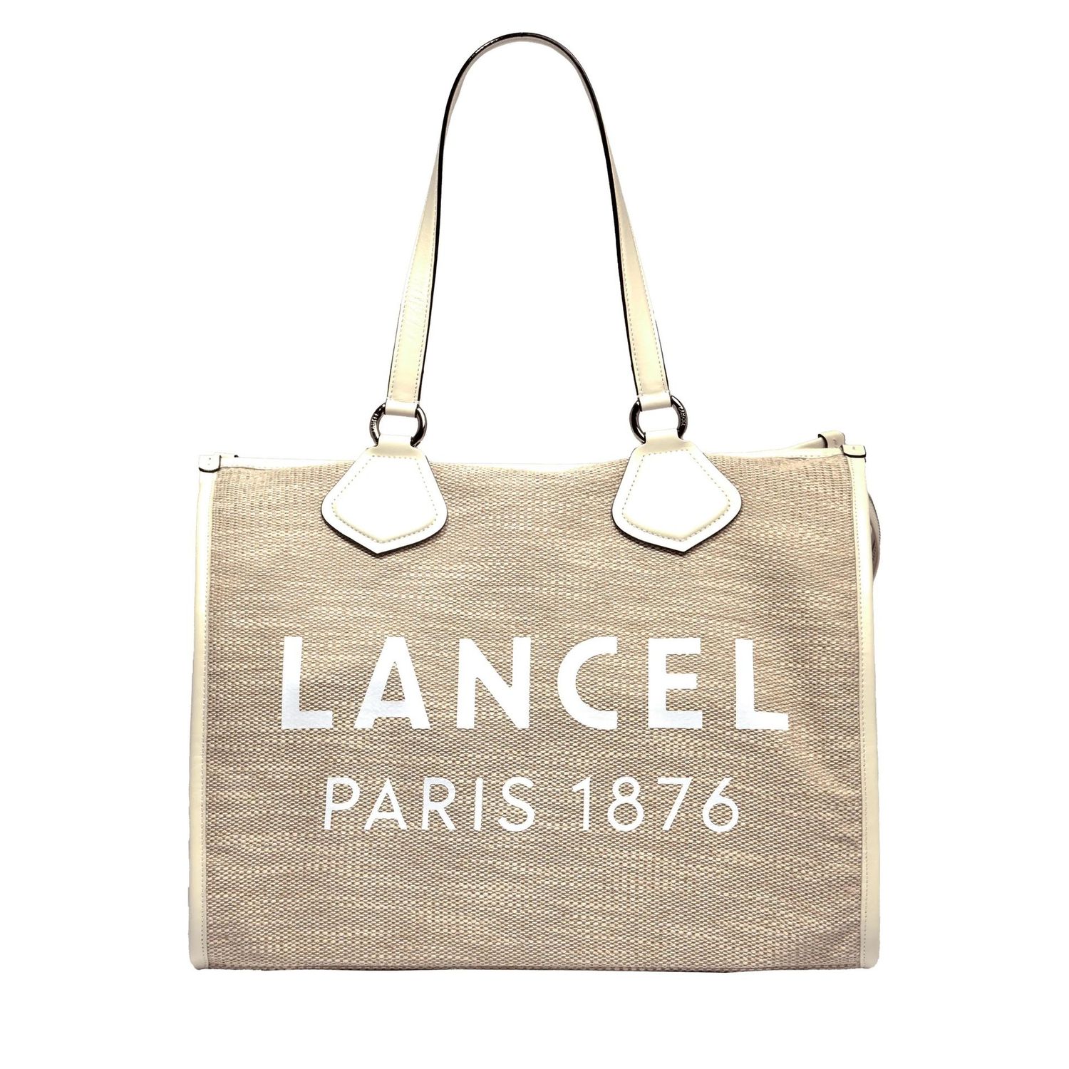 CABAS ZIPPÉ L SUMMER TOTE BLANC TOILE DE JUTE ET CUIR LANCEL
