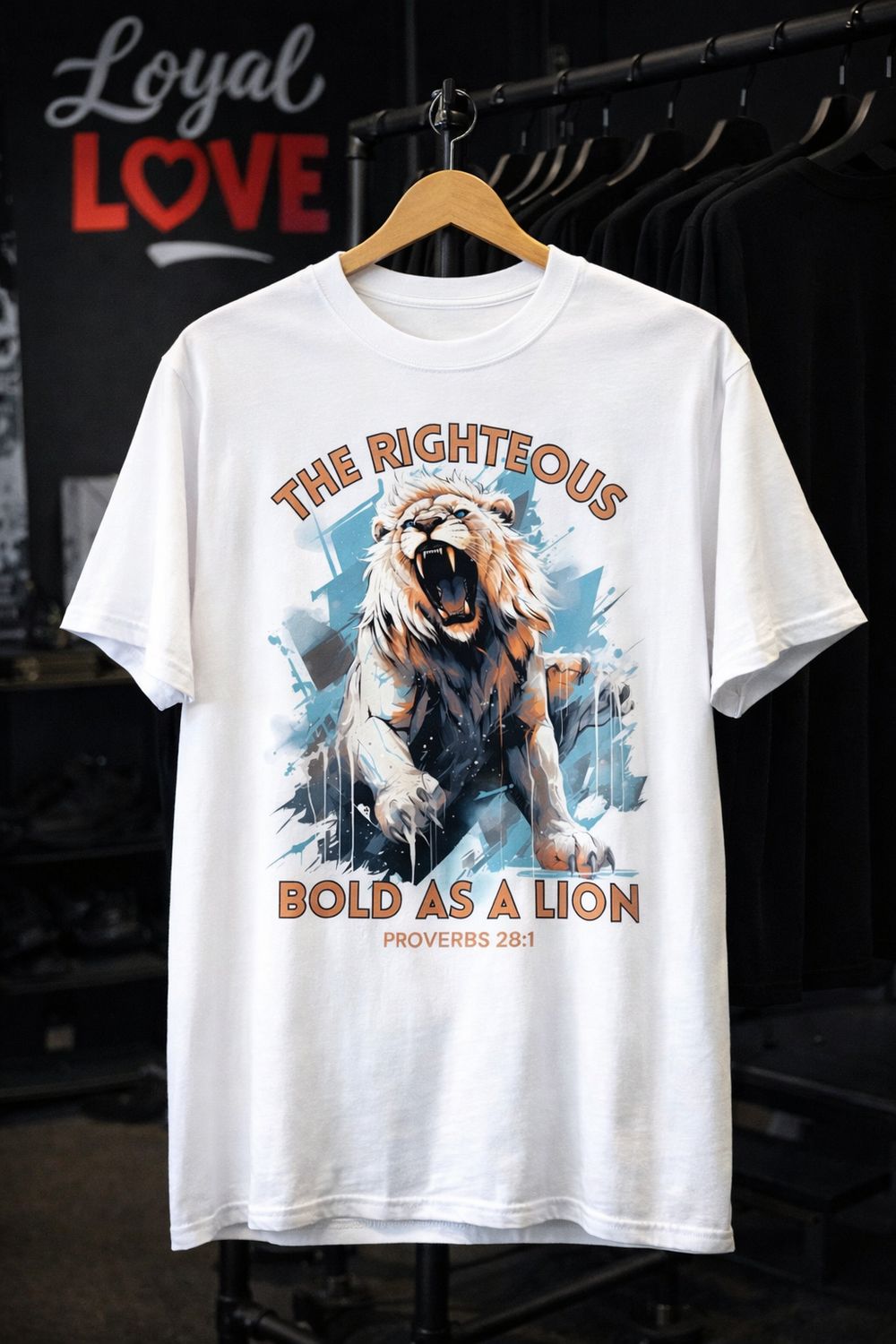 Bold as aLion 2  t-shirt Proverbs 28:1  states: "The wicked flee when no one pursues, but the righteous are bold as a lion."