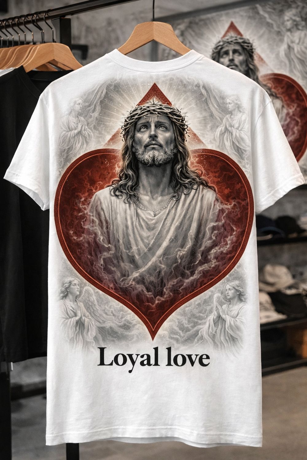 Jesus's Love t-shirt.    Romans 5:8, which states, "But God demonstrates his own love for us in this: While we were still sinners, Christ died for us".