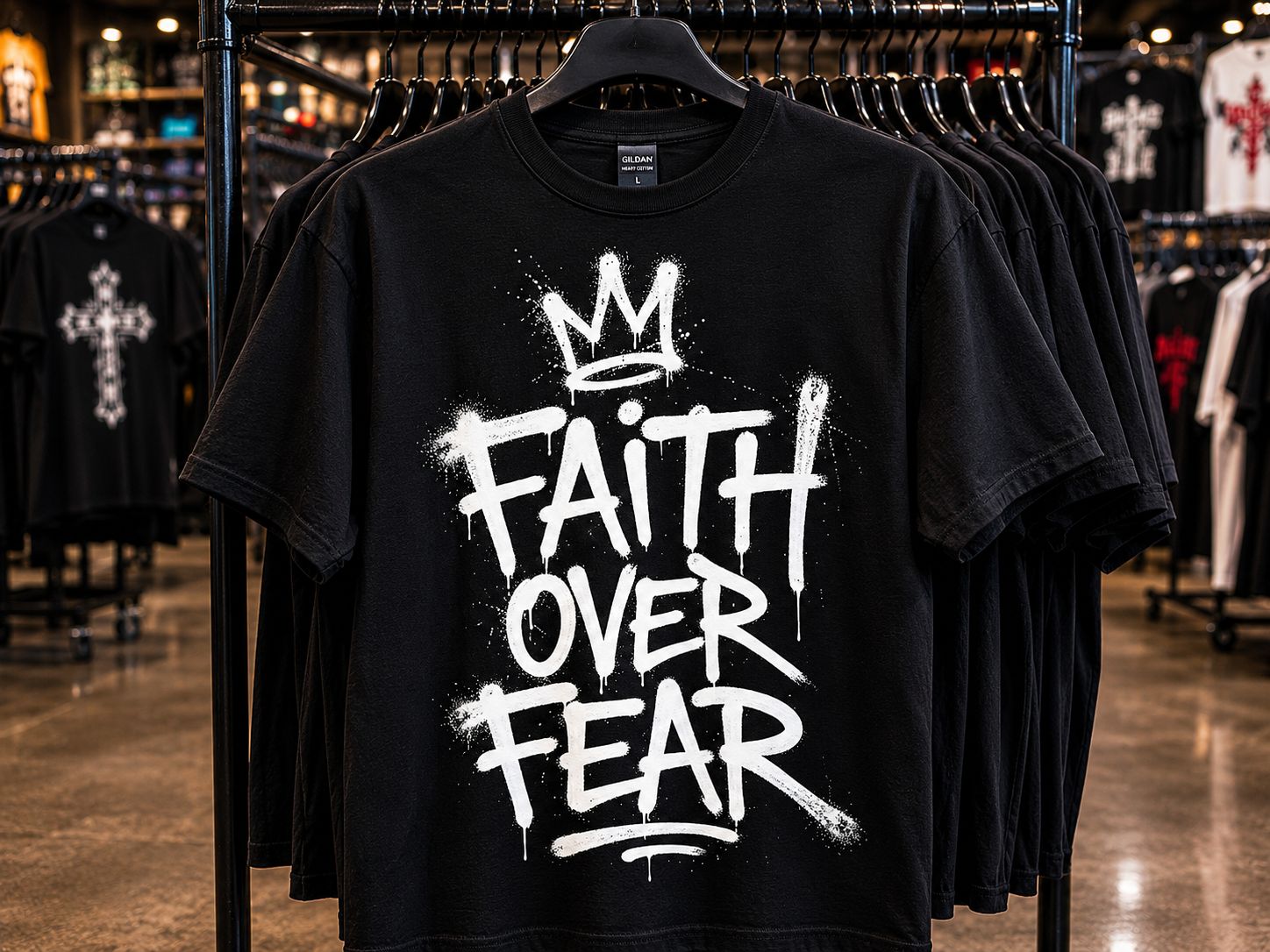 Faith over Fear, urban style letters and crown.