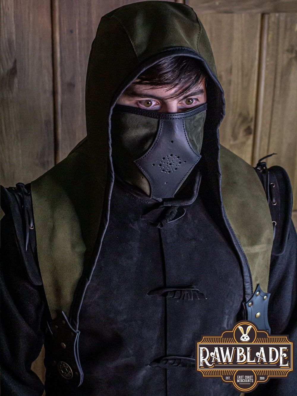Akku Splitlederen Capuchon - Groen, Set: Hood + Mask