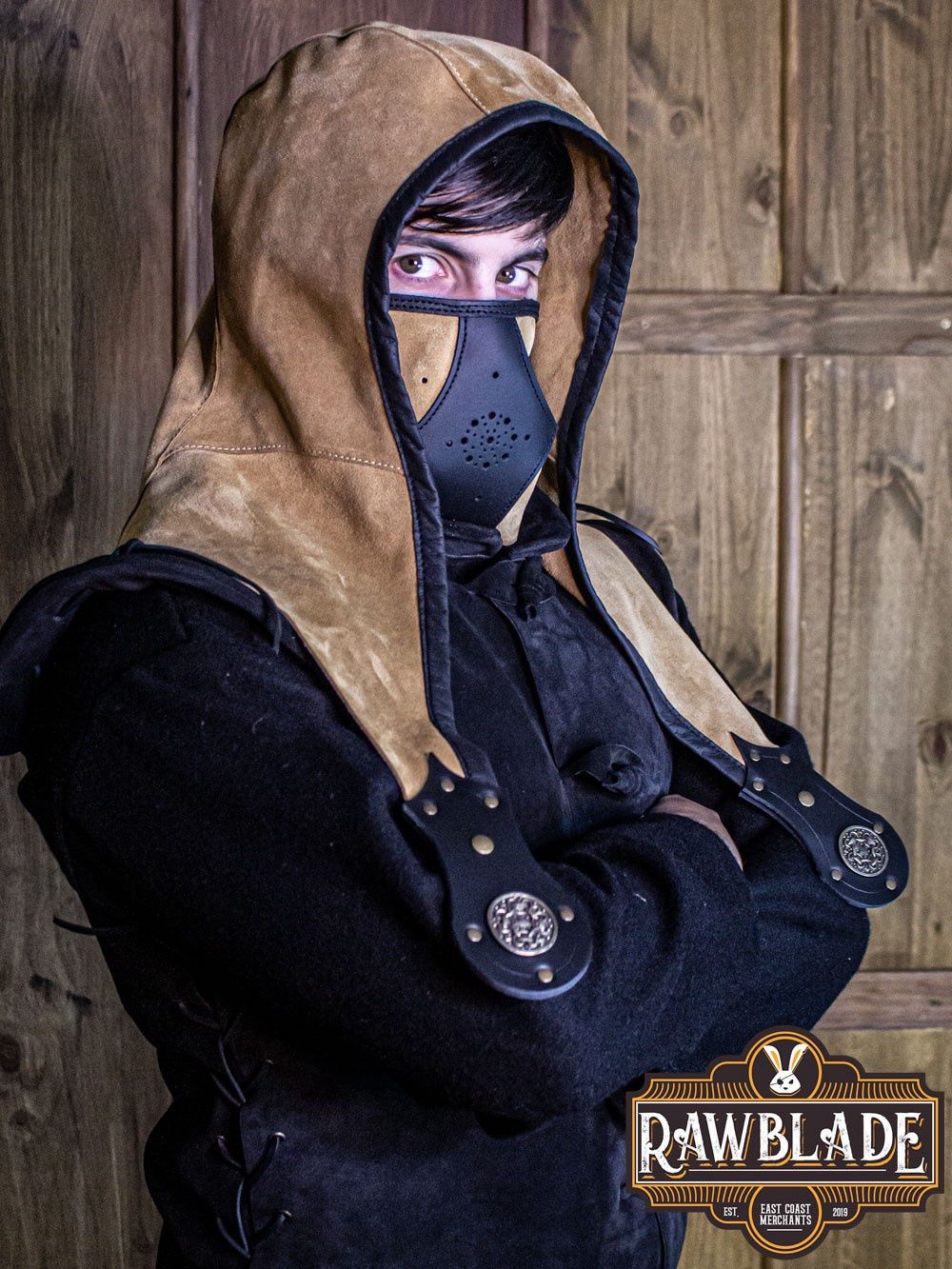 Akku Splitlederen Capuchon - Lichtbruin, Set: Hood + Mask