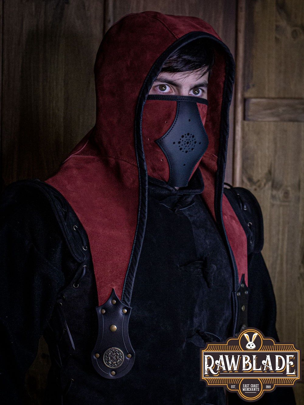 Akku Splitlederen Capuchon - Rood, Set: Hood + Mask