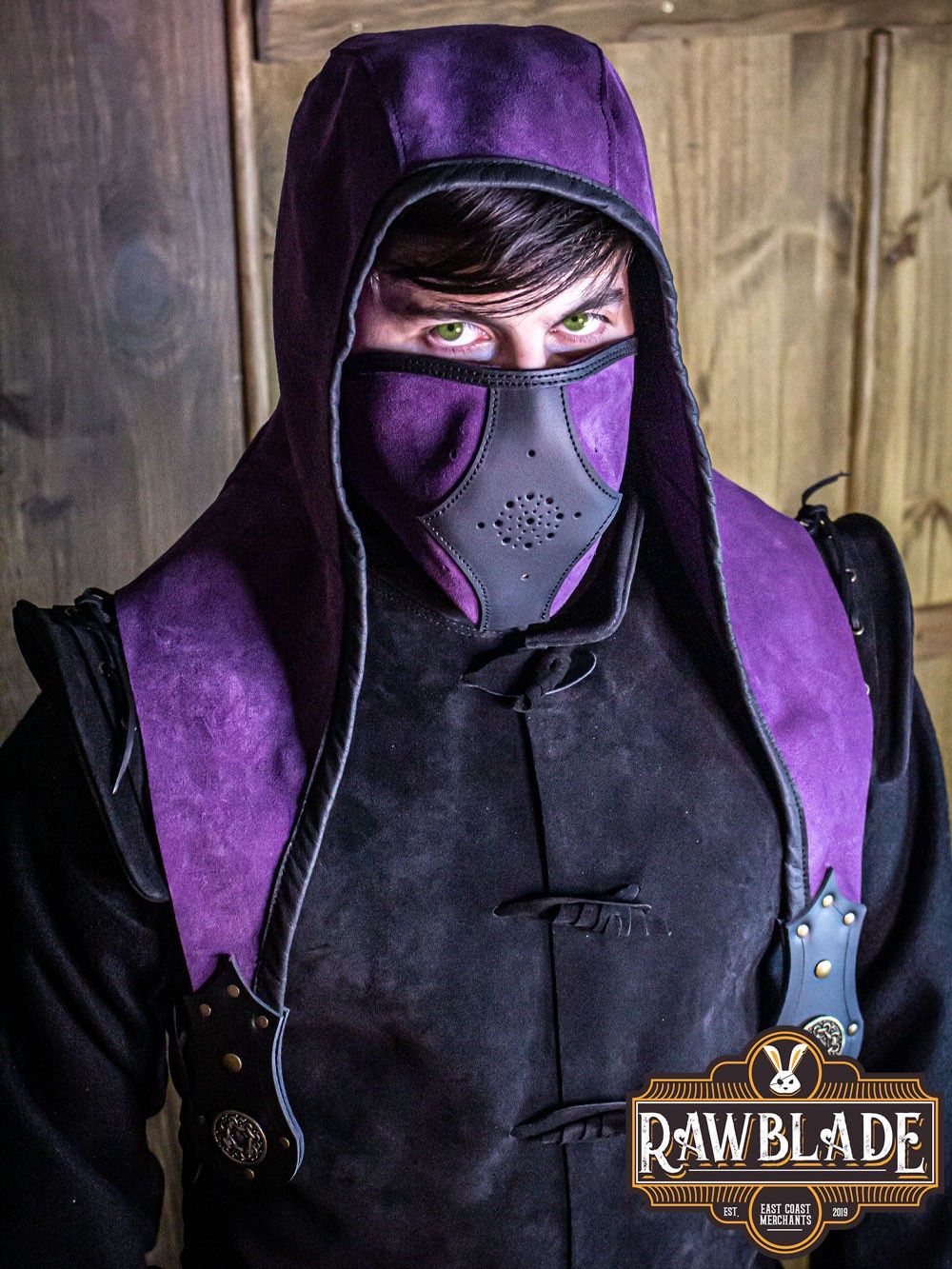 Akku Splitlederen Capuchon - Paars, Set: Hood + Mask