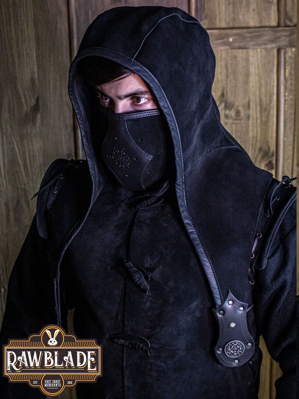 Akku Splitlederen Capuchon - Zwart, Set: Hood + Mask