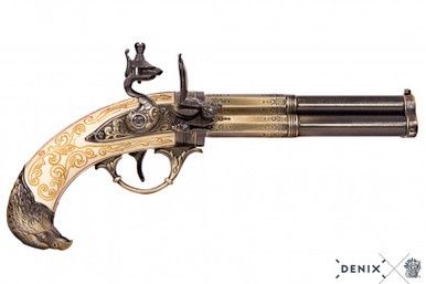 Adelaar Flintlock Pistool met Roterende Drieloop - Frankrijk - 18e Eeuw - Goud