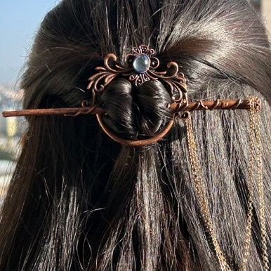 Edele Antieken Haarspeld met Blauwe Steen en Ketting - Brons
