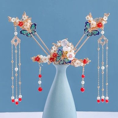 Vlinder Bloemjuwelen Set met Parels - Goud/Rood