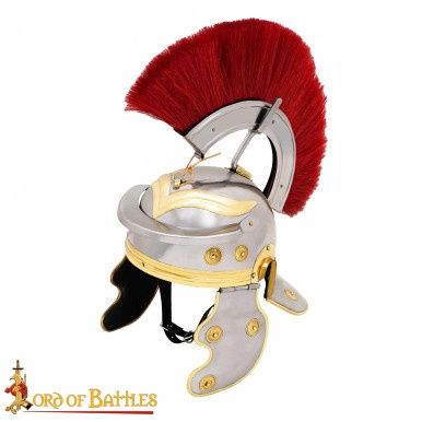 Romeinse Centurion Stalen Helm met IJzeren Hulpstuk &amp; Rode Pluim