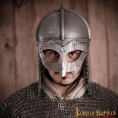Viking Gjermundbu Antiek Stalen Helm met Echt Leren Voering en Gekartelde Camail