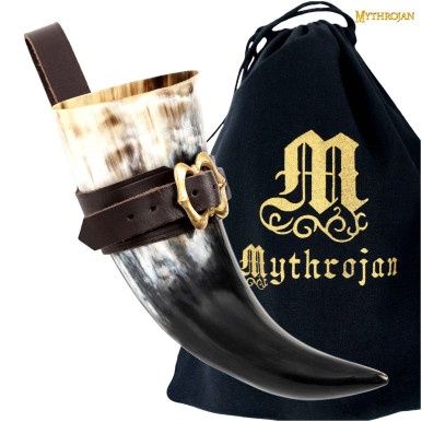 De Loyale Krijger – Viking Drinkhoorn met bruinleren houder Authentieke Middeleeuwse Geïnspireerde Viking Wijn/Mead Mok – Gepolijste Afwerking - 600 ml