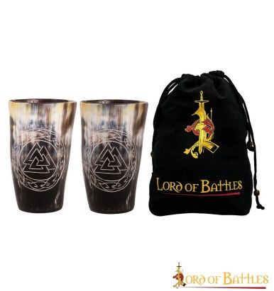 Viking Valknut Hoorn Tuimelaar Set van Twee Handgemaakt van Echt Ossenhoorn - 200 ml