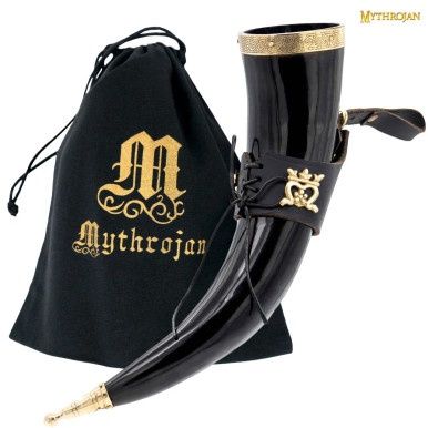 De Elegante Dame Viking Drinkhoorn met Zwart Leren Houder Authentieke Middeleeuwse Geïnspireerde Viking Wijn/Mok - Gepolijste Afwerking - 350 ml