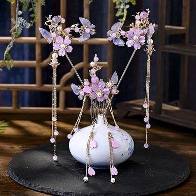 Chinese Haaraccessoire Set - Goud Paarse Bloemen Vlinders