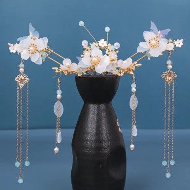 Chinese Haaraccessoire Set - Goud met Blauwe en Witte Bloemen