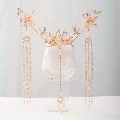 Chinese Haaraccessoire Set - Goud met Witte en Roze Bloemen
