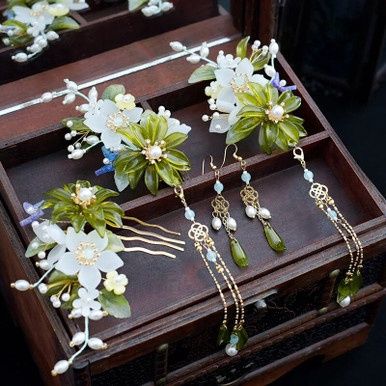 Chinese Haaraccessoire Set - Goud Groene Bloemen Wit