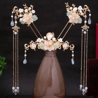 Chinese Haaraccessoire Set - Goud Lichtgroen lelie bloemen lichtblauw