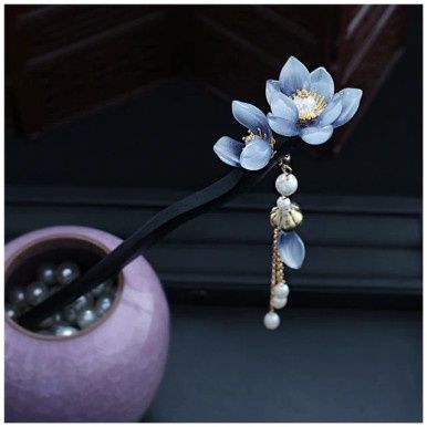 Houten Haarstok met Elegante Chinese Lelie Bloemen - Blauw