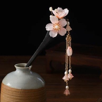 Houten Haarstok met Elegante Chinese Lelie Bloemen - Roze/Goud