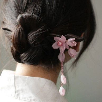 Houten Haarstok met Elegante Chinese Lelie Bloemen - Roze