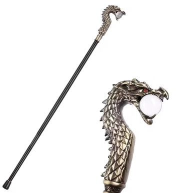 Draken Hoofd Met Glazen Bol Wandelstok - Rode Ogen - Goud