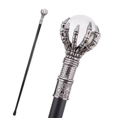 Gothic Skelethand met Glazen Bol Wandelstok - Zilver