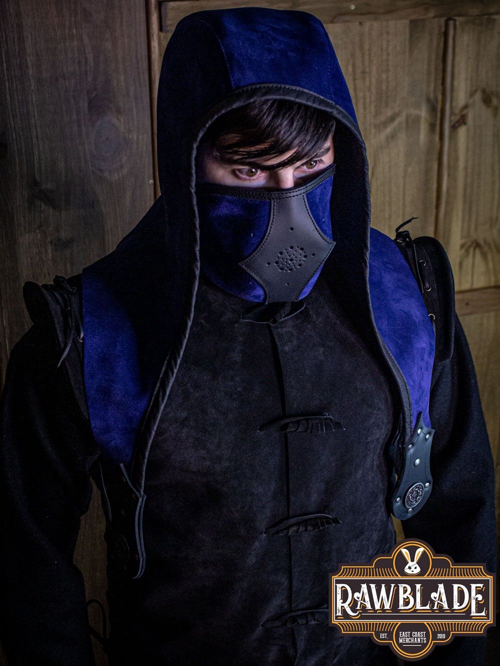 Akku Splitlederen Capuchon - Blauw, Set: Hood + Mask
