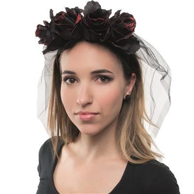 Dia de los muertas hoofdband met zwarte rozen en sluier