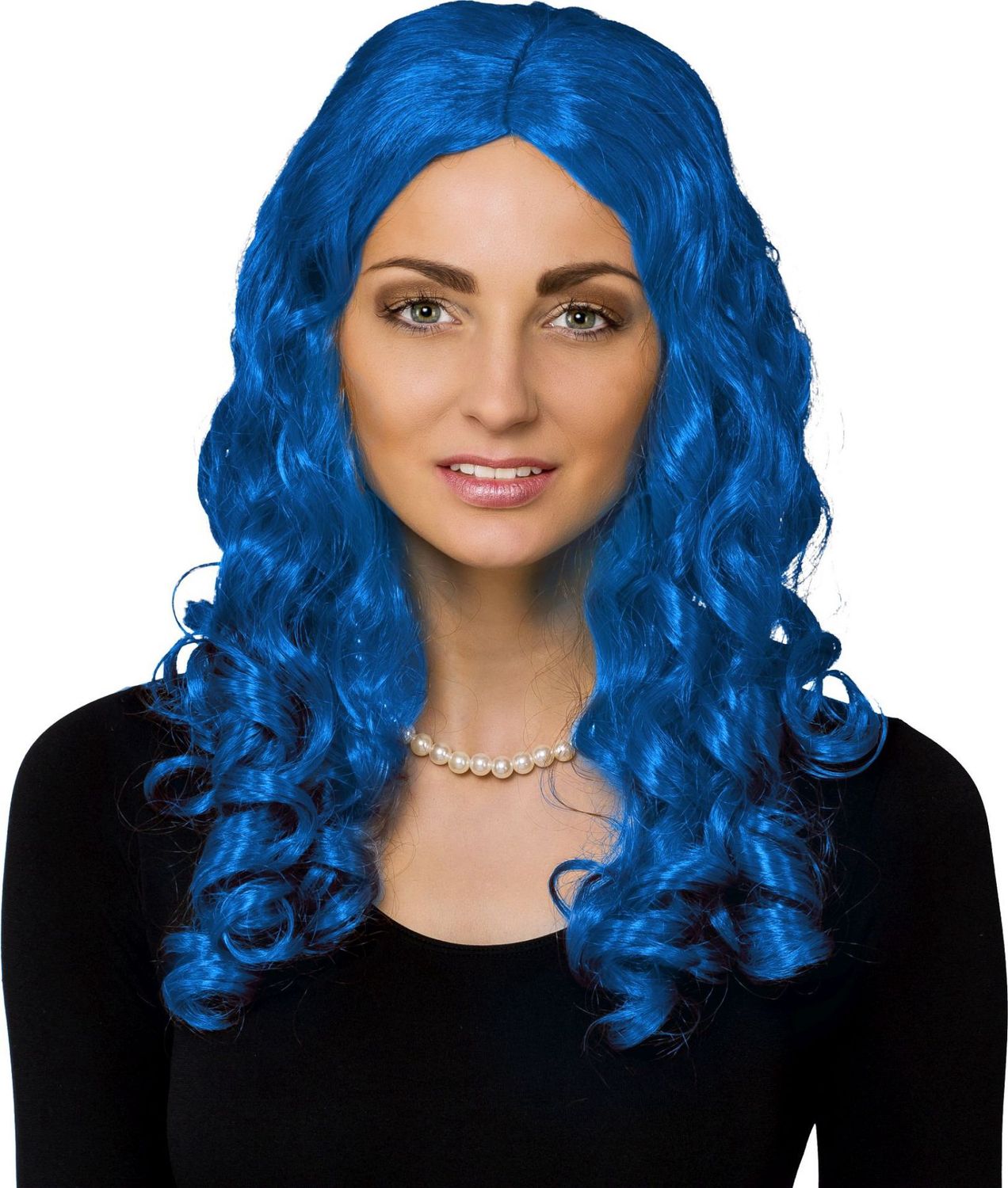 Lang Krullende Pruik Met Middenscheiding Blauw, Kleur: Blauw