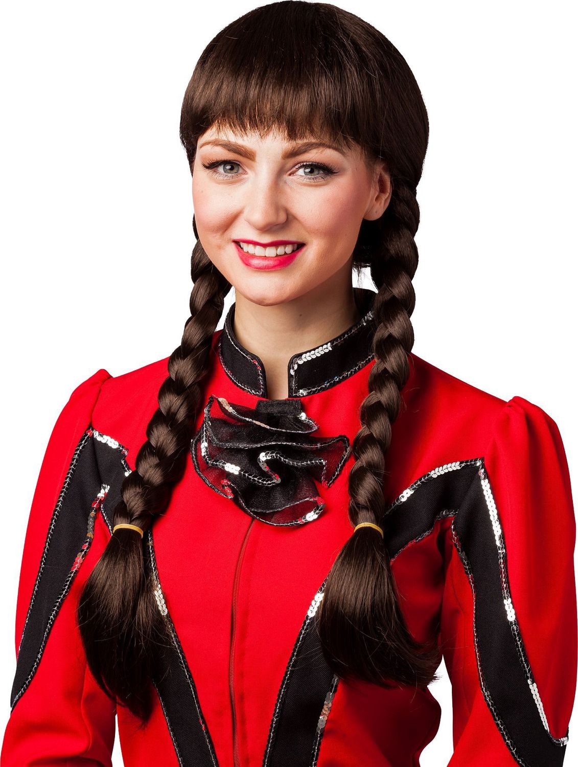 Pruik Met Frou Frou En 2 Vlechten, Kleur: Bruin