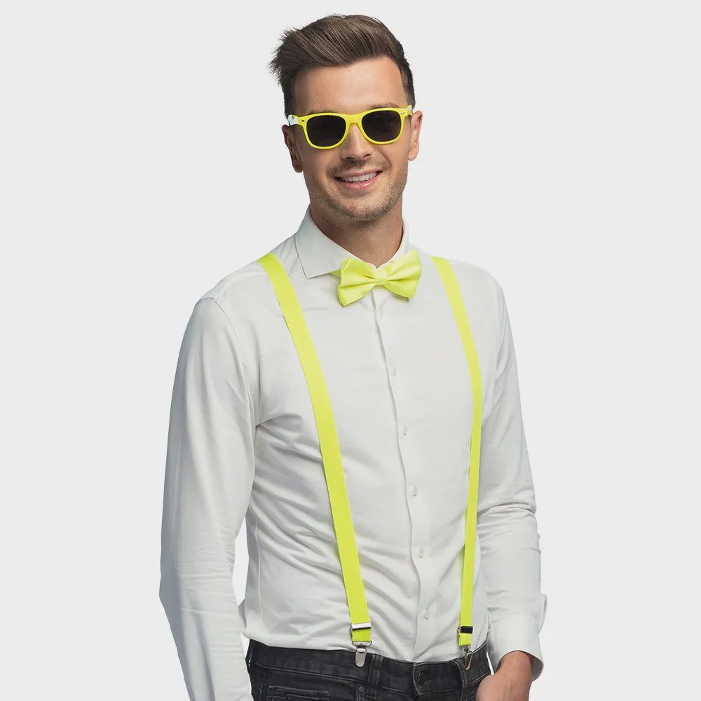 Neon Bril, Strik en Bretellen Set, Kleur: Neon Geel
