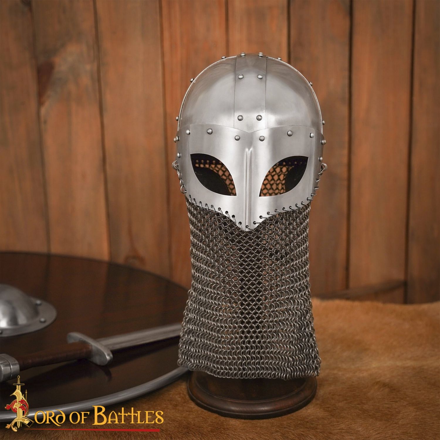 Viking-spektakelhelm in Gjermundbu-stijl met maliënkolder-aventail