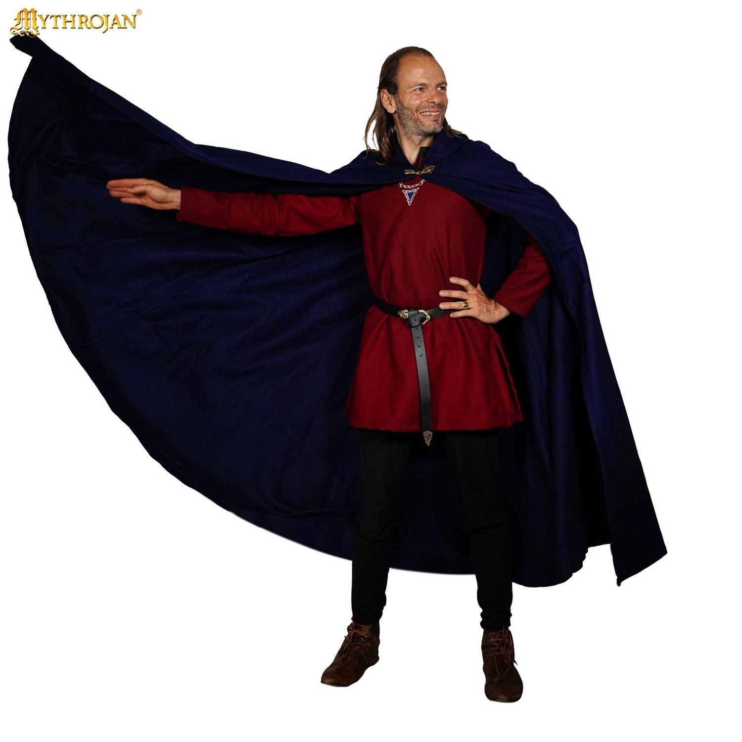 Wollen Cape met Kap en Koperen Sluiting, Kleur: Navy Blauw