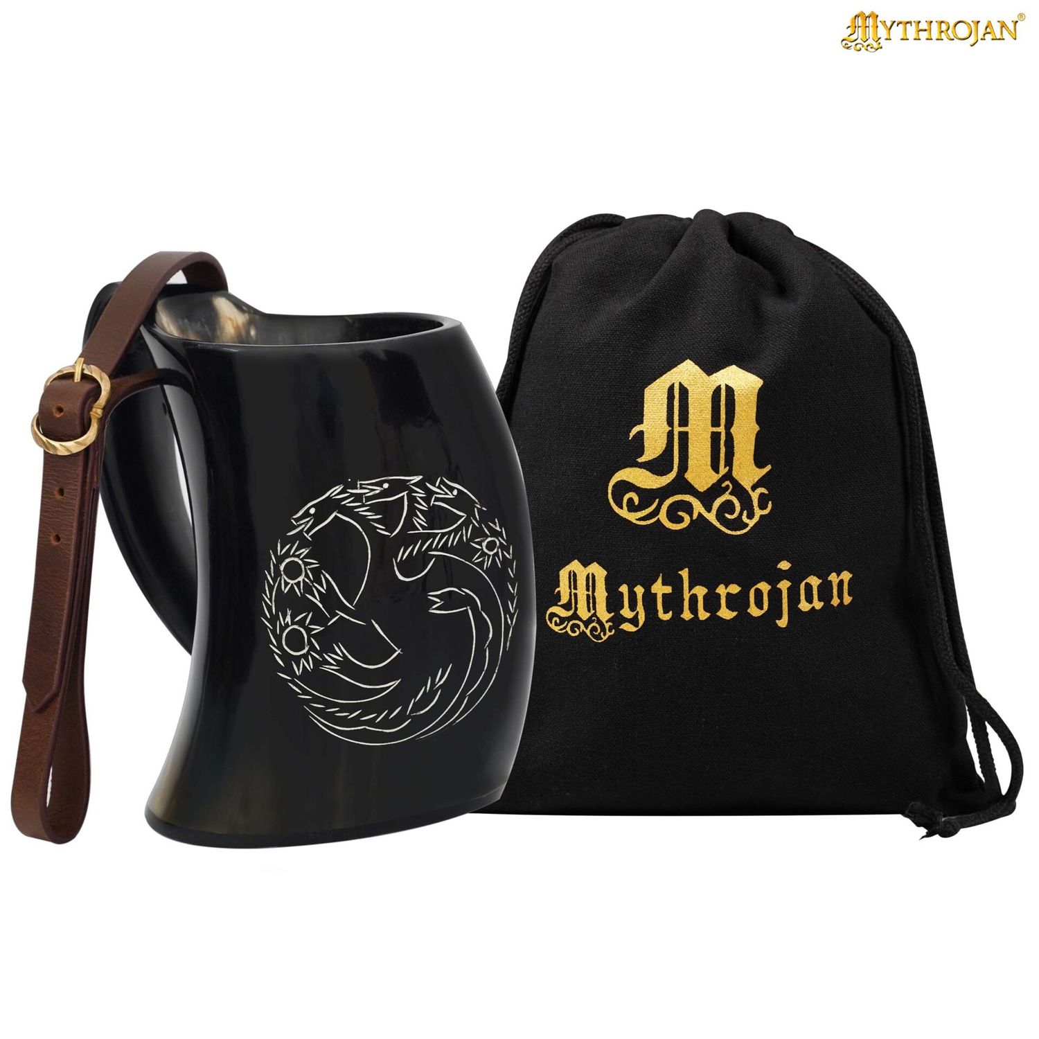 Viking authentieke hoornbeker met drakenzegel en leren riem