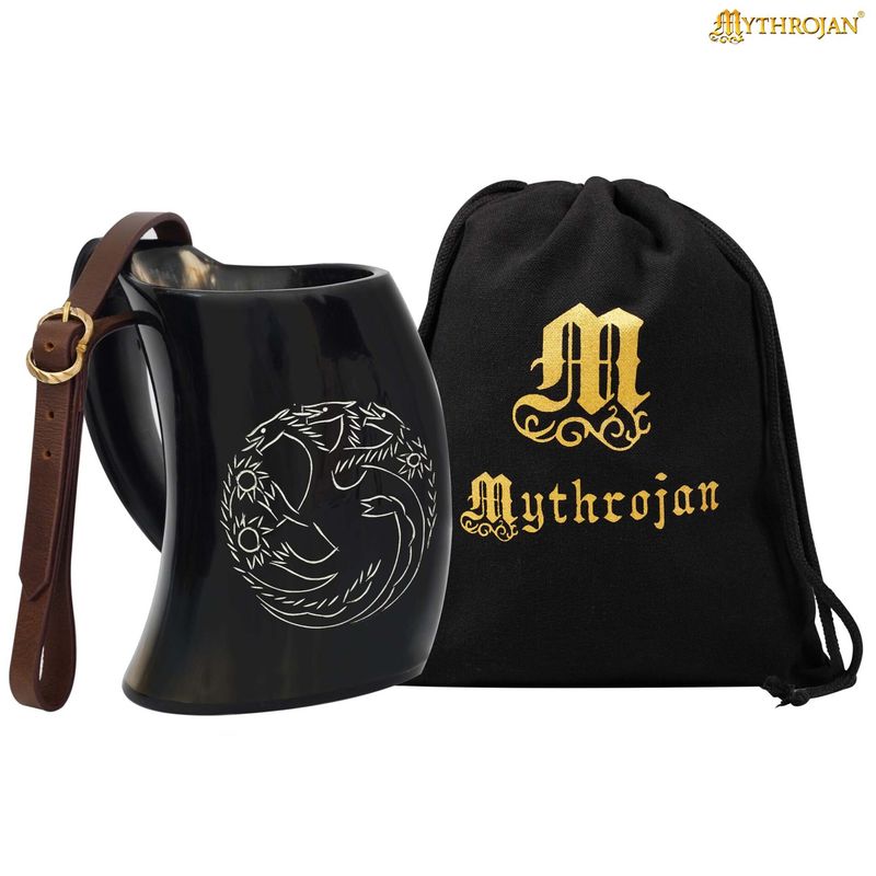 Viking authentieke hoornbeker met drakenzegel en leren riem