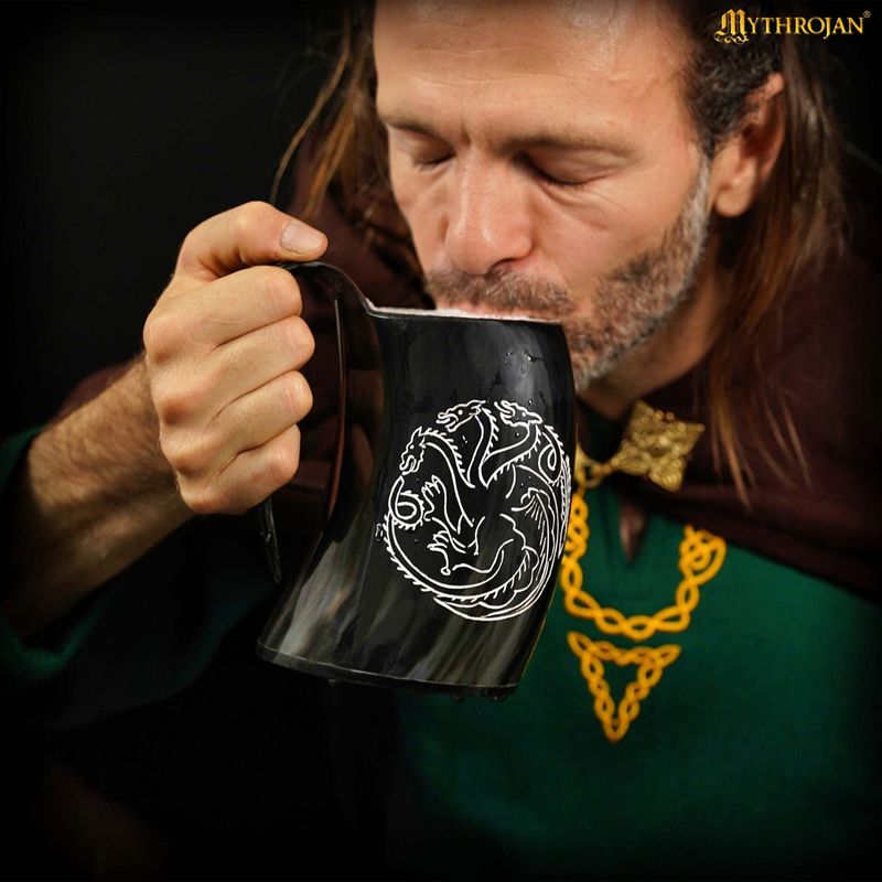 Viking authentieke hoornbeker met drakenzegel en leren riem