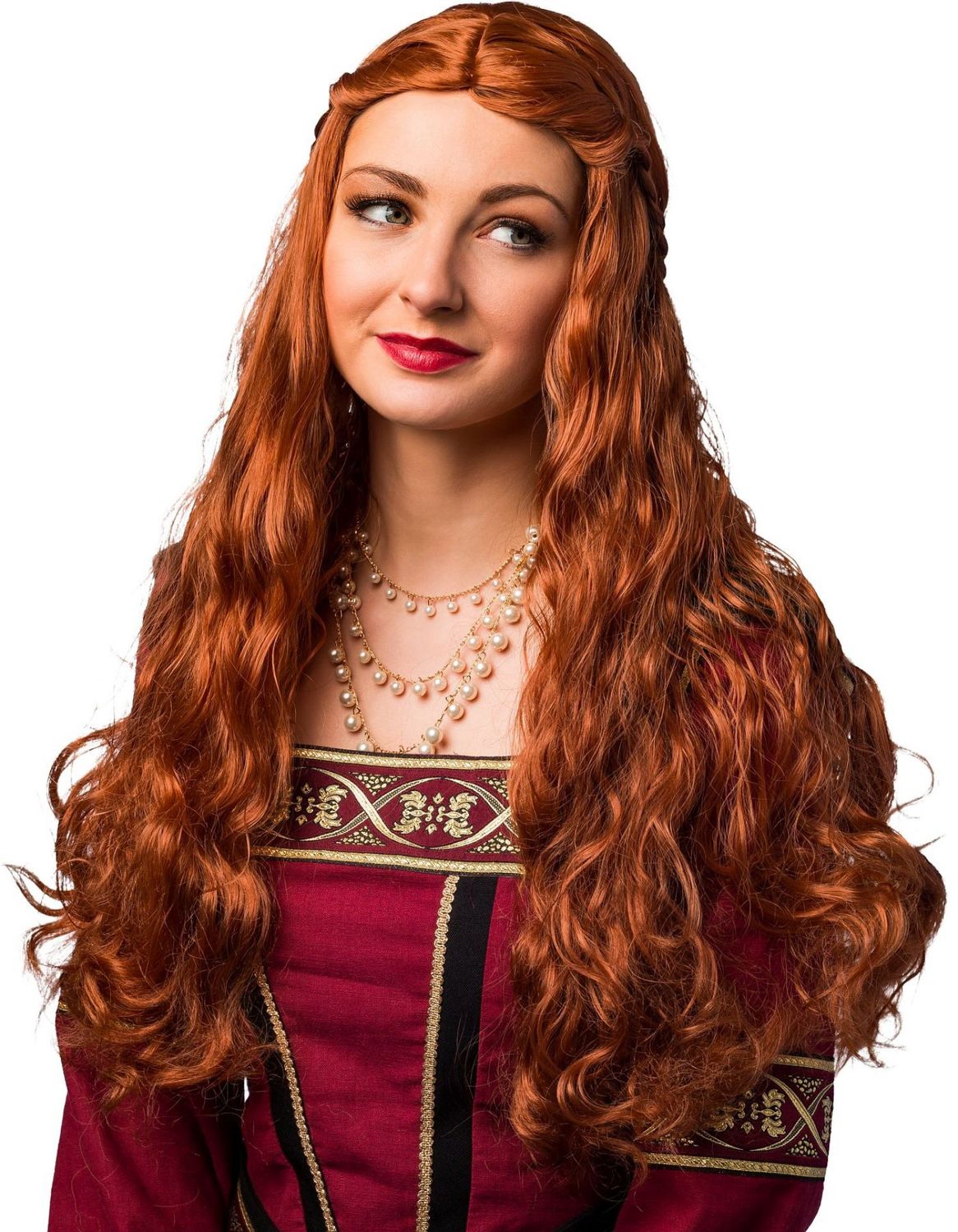 Lange golvende pruik met vlechten.