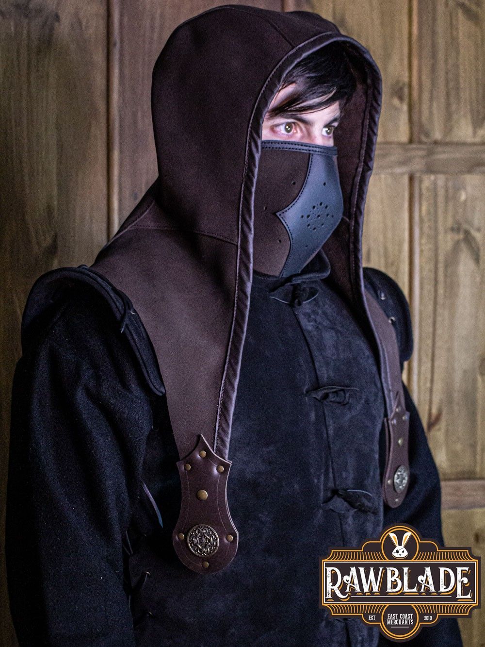 Akku Splitlederen Capuchon - Bruin, Set: Hood + Mask