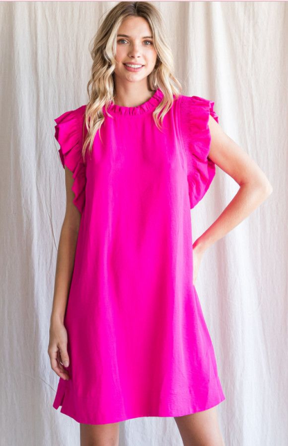 Solid dress with a frill mock neckline and smocked ruffle cap sleeves. - Unlined, non-sheer, lightweight.
